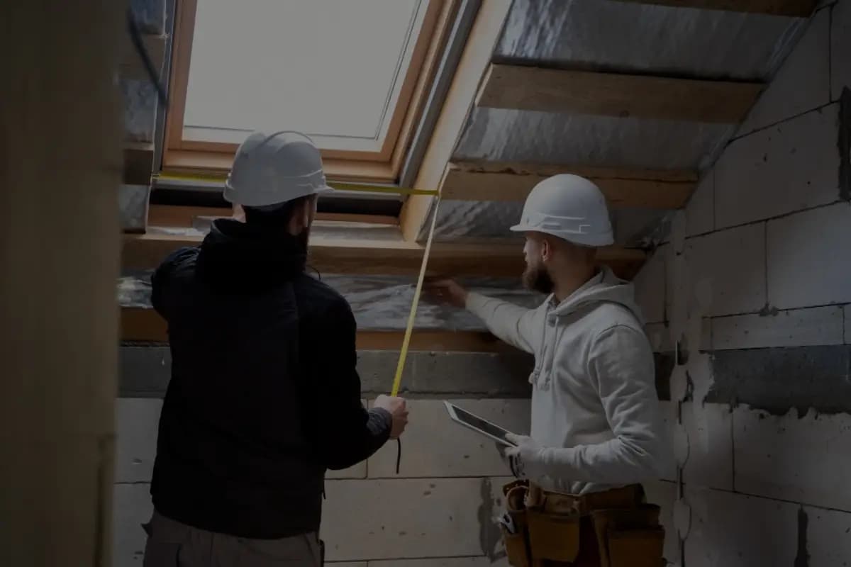 Two of the team measuring up a loft with a tape and a tablet